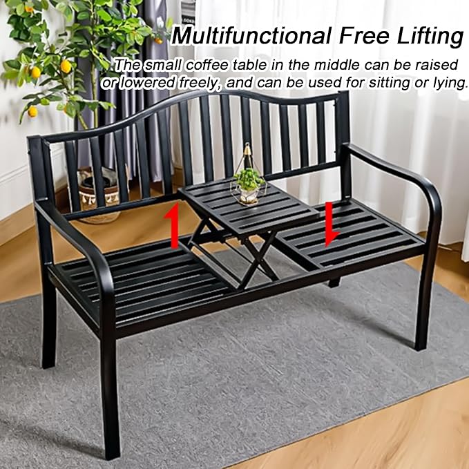 Weatherproof Outdoor Bench, Patio Metal Garden Bench with Built in Table for Yard Lawn Decor Deck(Black)