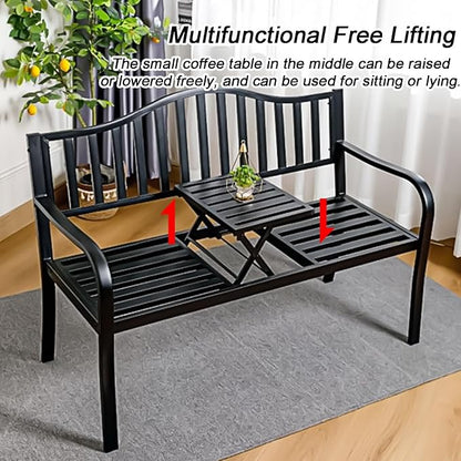 Weatherproof Outdoor Bench, Patio Metal Garden Bench with Built in Table for Yard Lawn Decor Deck(Brown)
