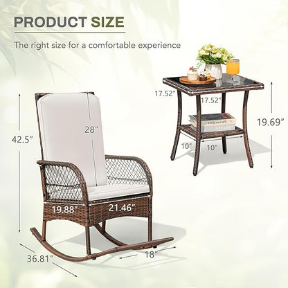 Greesum 3 Piece Outdoor Wicker Rocking Chairs Patio Furniture Set with Glass Coffee Table for Garden Backyard Porch Poolside, Beige