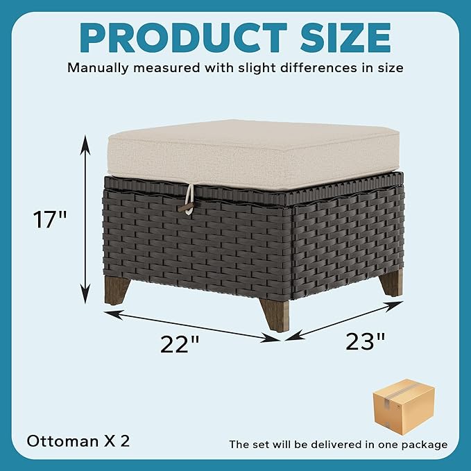 2 Pieces Patio Outdoor Ottomans with Removable and Washable Covers，PE Rattan Wicker Footstools for Porch, Garden - Photo 3