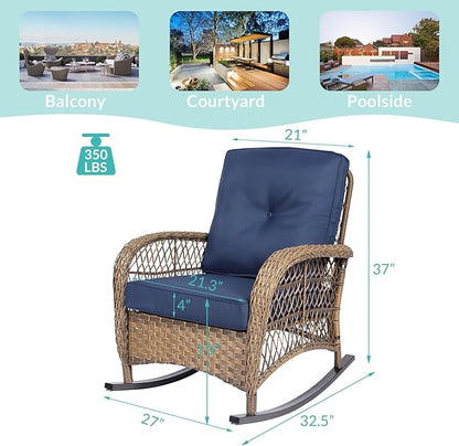 MEETWARM Outdoor Wicker Rocking Chairs Set of 2, Rattan Patio Rocker Chairs with Thick Cushions and High Back, All-Weather Patio Wicker Chair with Safe Rocking Design for Garden, Brown/Navy Blue