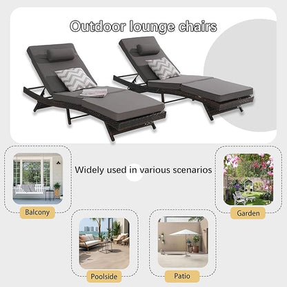 Outdoor Lounge Chairs Set of 2,Wicker Chaise Lounge Chair Pool Chaise Lounge,Patio Lounge Chair with Adjustable Backrest Arm Cushion for Poolside