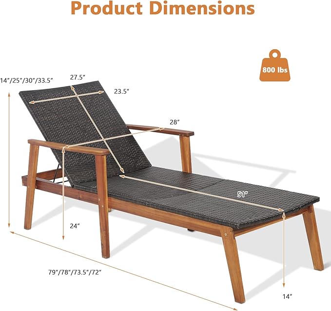 HAPPYGRILL 2PCS Patio Chaise Lounge Chair, Outdoor Rattan Recliner with 4-Level Adjustable Backrest, Solid Acacia Wood Frame, Ergonomic Lounge Chair for Backyard Poolside Balcony