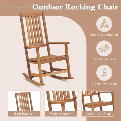Giantex Outdoor Rocking Chair, High Back Patio Rocker w/Armrests, Hardwood Lounge Rocking Chair with Smooth Rocking Base & Slatted Design, Wood Porch Rocker for Backyard, Poolside (1, Natural)