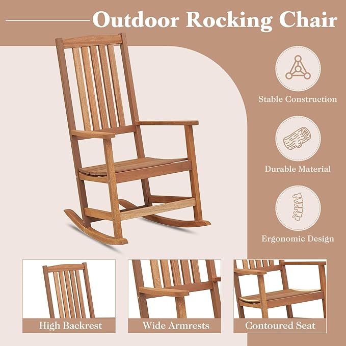 Giantex Outdoor Rocking Chair, High Back Patio Rocker w/Armrests, Hardwood Lounge Rocking Chair with Smooth Rocking Base & Slatted Design, Wood Porch Rocker for Backyard, Poolside (2, Natural)
