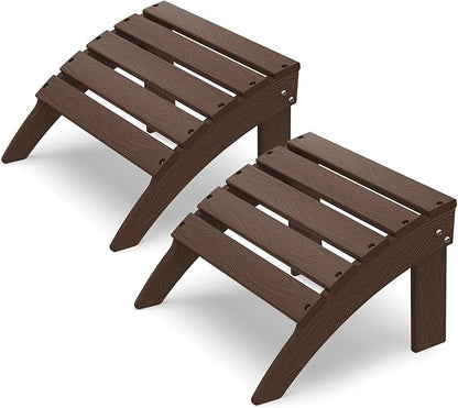 IVY&LANE Outdoor Adirondack Ottoman | Folding | Set of 2 | HDPE Wood Grain | Dark Brown | All Weather | Waterproof Patio Footrest for Adirondack Chair | Poly Lumber Foot Rest for Deck