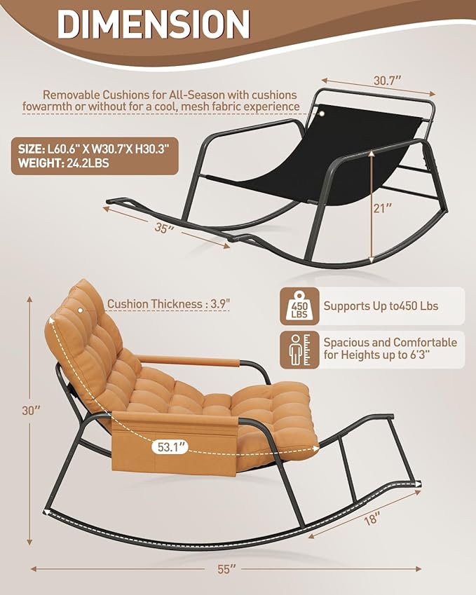 Oversized Indoor Rocking Chair, Plush Papasan Chair with Comfy Padded Cushions & Side Pocket, for Patio Garden, Porch - Photo 3