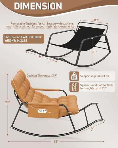 Oversized Indoor Rocking Chair, Plush Papasan Chair with Comfy Padded Cushions & Side Pocket, for Patio Garden, Porch, Lounge, Outdoor, Orange