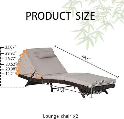 Outdoor Lounge Chairs Set of 2,Wicker Chaise Lounge Chair Pool Chaise Lounge,Patio Lounge Chair with Adjustable Backrest Arm Cushion for Poolside (Light Gray, No armrests)