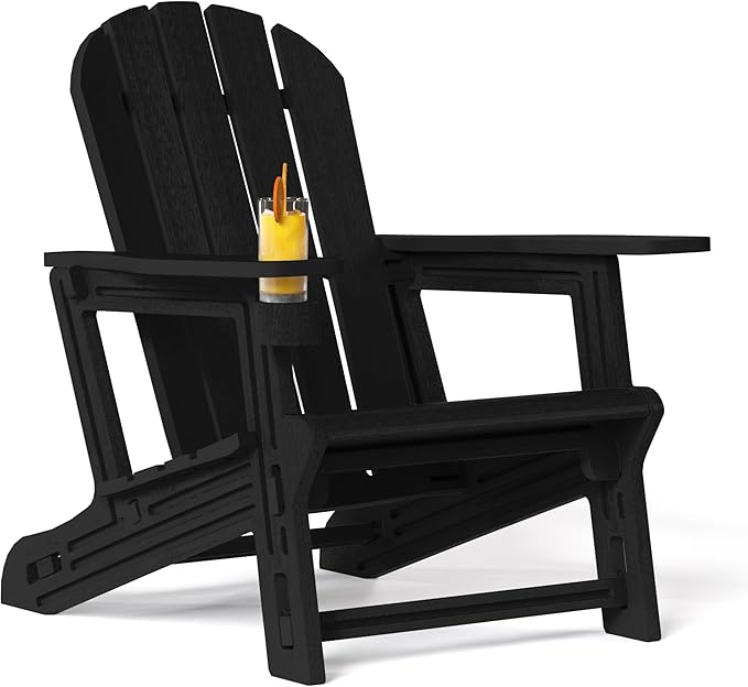 Costaelm Tool-Free Assembly Outdoor Patio HDPE Plastic Adirondack Chair with Cup Holder, Black