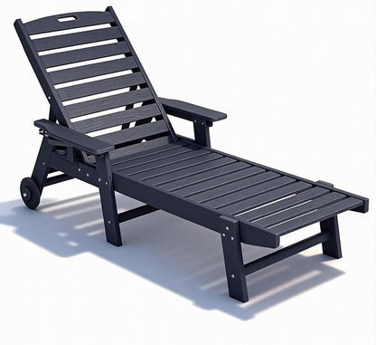 Lounge Chair Outdoor with Wood Texture, Oversized Chaise Lounge Chairs Outside with 5-Position Adjustable Backrest, HDPE Patio Lounge Chair with Wheels & Cup Holder for Poolside, Deck, Black