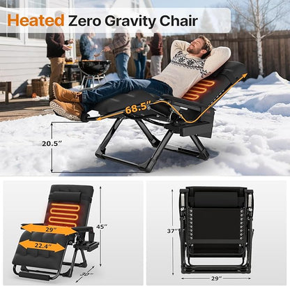 Suteck Heated Zero Gravity Chair, 29" XL Oversized Reclining Lounge Chair with 3 Heat Levels for Back & Seat, Armrest Pads, Cushion & Headrest, Upgraded Lock & Footrest, 500LBS(Battery Not Included)