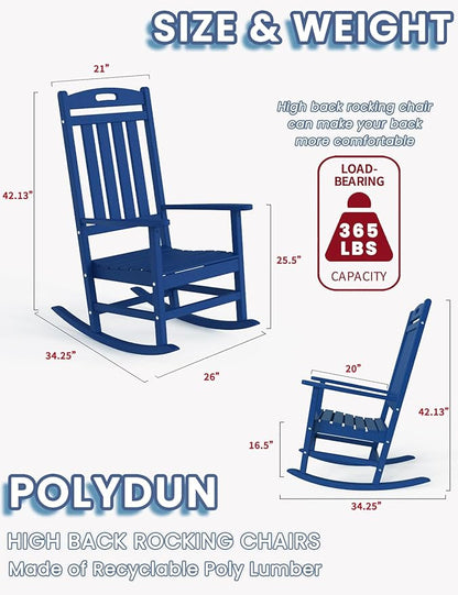 Outdoor Rocking Chair Set of 2, High Back HDPE Patio Chair, All Weather Porch Rocker, Lawn Chair for Deck, Porch, Backyard, Garden, Navy