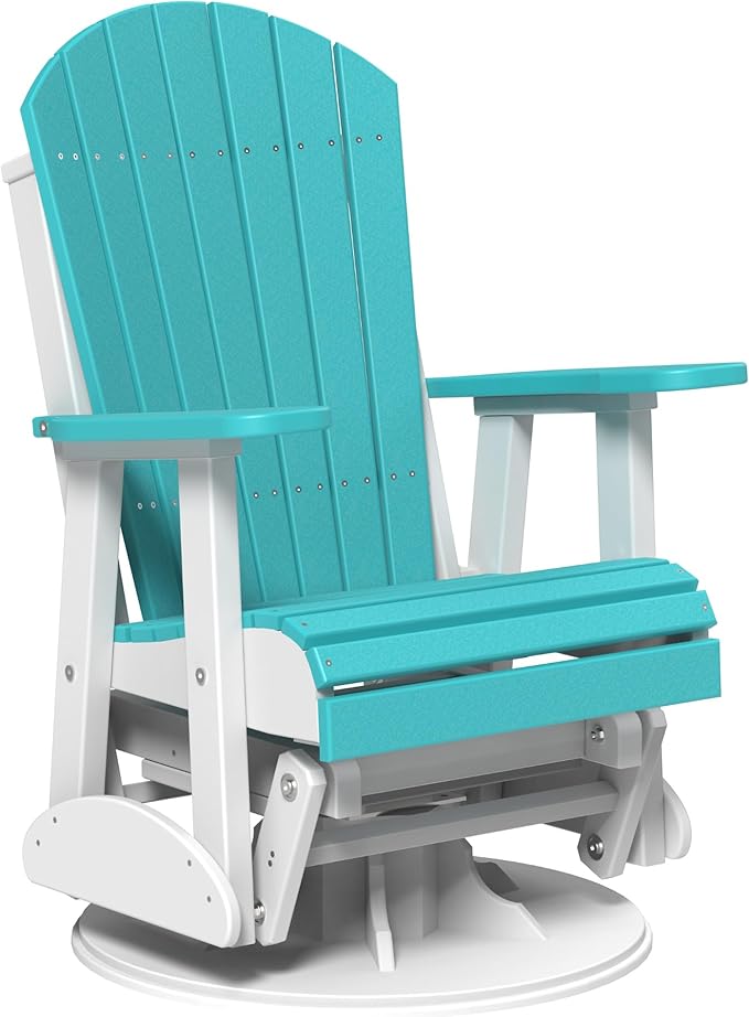 LuxCraft 2' Adirondack Outdoor Swivel Glider Chair, Patio Gliding Rocker, Swiveling Glider Rocking Chair for Outside (Aruba Blue & White)