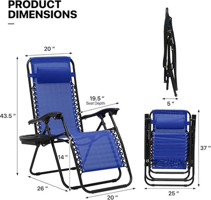 MoNiBloom Zero Gravity Chairs Set of 2 Outdoor Folding Patio Lounge Chairs for Outside Reclining Lawn Chairs Recliner Beach Chairs for Adults, Blue