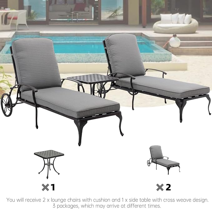 Chaise Lounge Outdoor Chair with Side Table, Adjustable Reclining Rust-Resistant Aluminum Cast Poolside Chaise with Convenient Wheels, Outdoor Lounge Furniture Set of 3, (Grey)