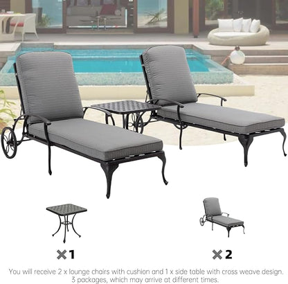 Chaise Lounge Outdoor Chair with Side Table, Adjustable Reclining Rust-Resistant Aluminum Cast Poolside Chaise with Convenient Wheels, Outdoor Lounge Furniture Set of 3, (Grey)