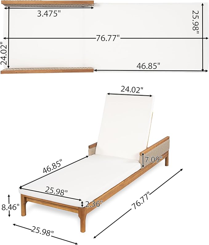 Christopher Knight Home Kanmy 76.8'' Acacia Wood Chaise Lounge Outdoor with Cushion, Patio Recliner Chair with 4-Position Adjustable Backrest, Sun Lounger with Wicker Accent, Beige+Light Grey+Natural