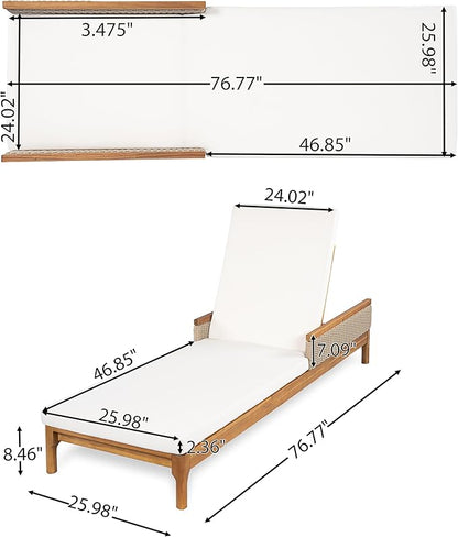 Christopher Knight Home Kanmy 76.8'' Acacia Wood Chaise Lounge Outdoor with Cushion, Patio Recliner Chair with 4-Position Adjustable Backrest, Sun Lounger with Wicker Accent, Beige+Light Grey+Natural