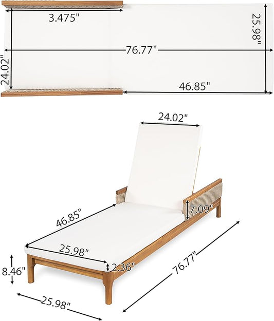 Christopher Knight Home Kanmy 76.8'' Acacia Wood Chaise Lounge Outdoor with Cushion, Patio Recliner Chair with 4-Position Adjustable Backrest, Sun Lounger with Wicker Accent, Beige+Light Grey+Natural