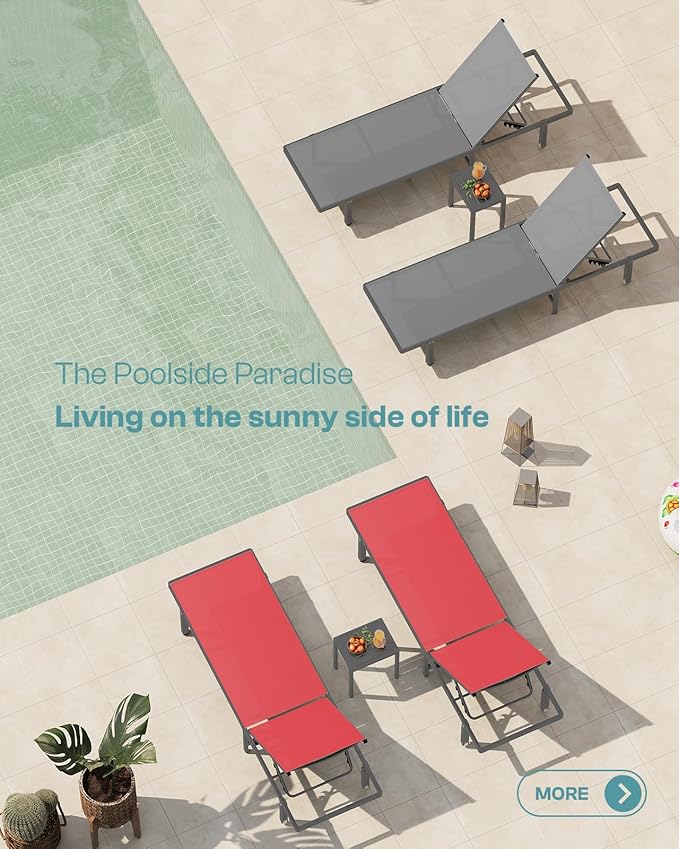 Aluminum Outdoor Lounge Chairs Set of 2, Pool Lounge Chairs with Wheels and 5-Position Recliner -Easy to Move- Patio Chaise Lounge Outdoor for Poolside, Deck, Beach (Red)