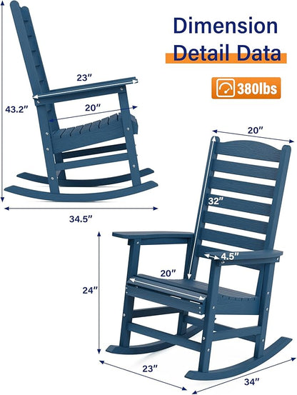 YEFU Outdoor Rocking Chair,Poly Porch Rocker with Curved Backrest,All Weather Patio Rocking Chair,Like Real Wood,for Indoor,Lawn, Backyard,Garden,Heavy Duty,Weight Capacity 380lbs(Navy Blue)