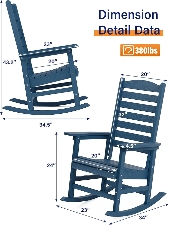 YEFU Outdoor Rocking Chair Set of 2,Poly Porch Rocker with Curved Backrest,All Weather Patio Rocking Chair,Like Real Wood,for Indoor,Lawn, Backyard,Garden,Heavy Duty,Weight Capacity 380lbs(Navy Blue)