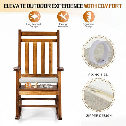 Outvita Outdoor Rocking Chair, Solid Wood High Back Rocker, All Weather Lounge Chair with Padded Cushions for Porch Patio Fire Pit Garden Backyard Deck Indoor, Natural