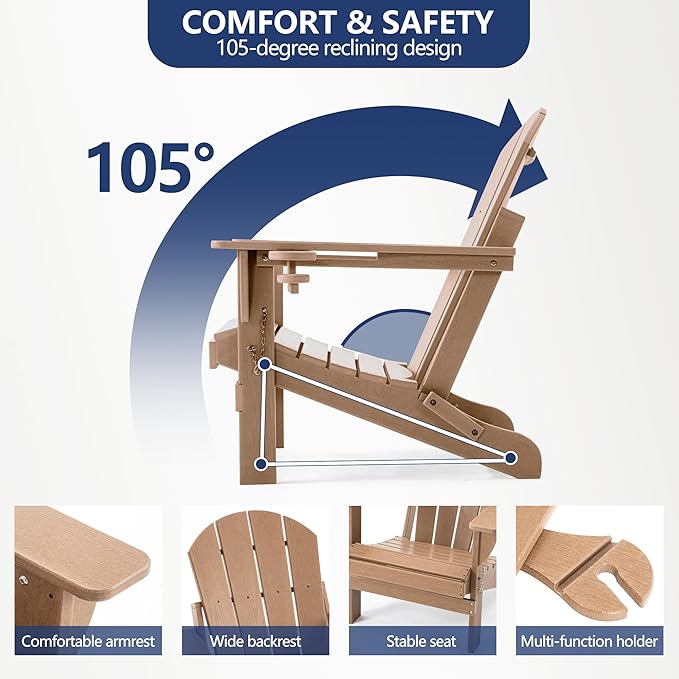 4 Chairs & 2 Tables Folding Adirondack Chair Set with Table – HDPE Weatherproof Outdoor Patio Chairs with Reclining - Photo 7