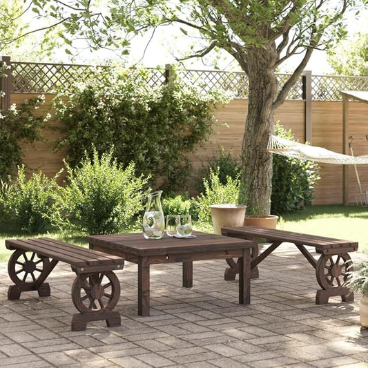Garden Bench Set of 2 Solid Fir Wood Standard Durable Outdoor Seating with Wagon Wheel Design Weather-Resistant Patio Furniture for Relaxation