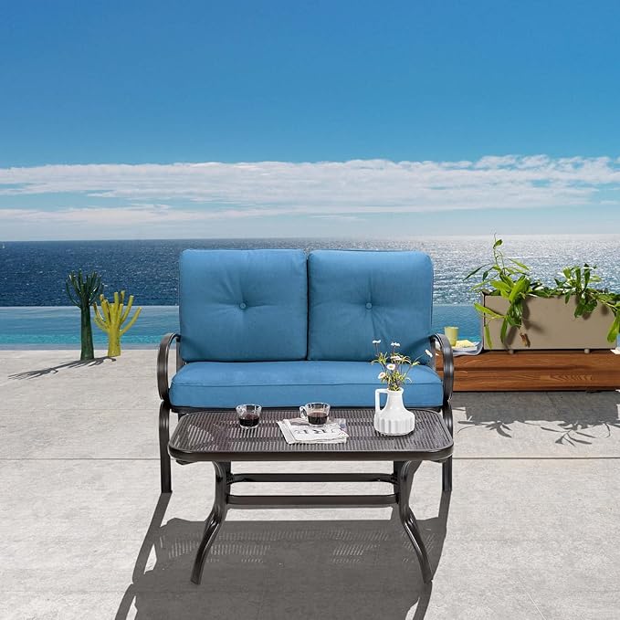 DORTALA 2-Piece Patio Furniture Set, Outdoor Indoor Loveseat and Coffee Table Set, Outdoor Sofa Metal Garden Bench with Soft Cushions, for Balcony, Lawn,Porch, Poolside, Navy