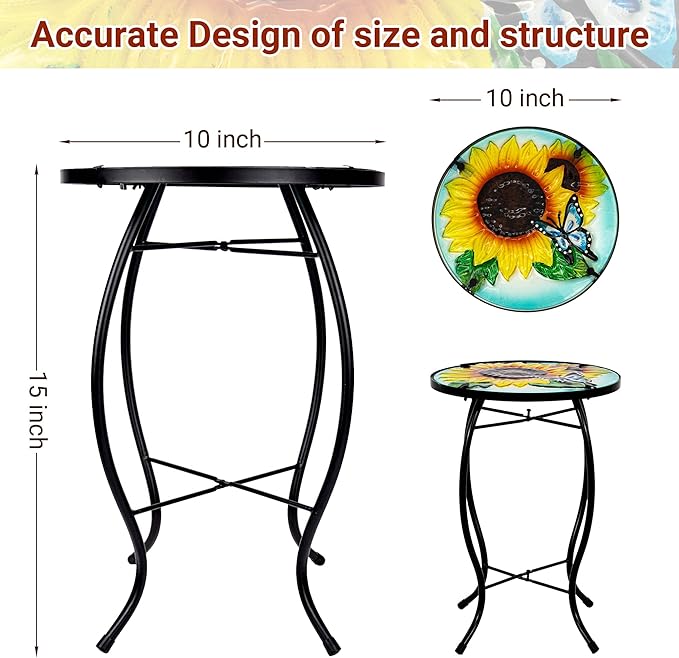Butterfly Sunflower Small Patio Table,Outdoor Side Table,Outdoor Bar Tables,Metal Glass End Table for Porch Garden Yard Living Room Valentine Decor, 10 Inch Table, Valentine Decoration Gift