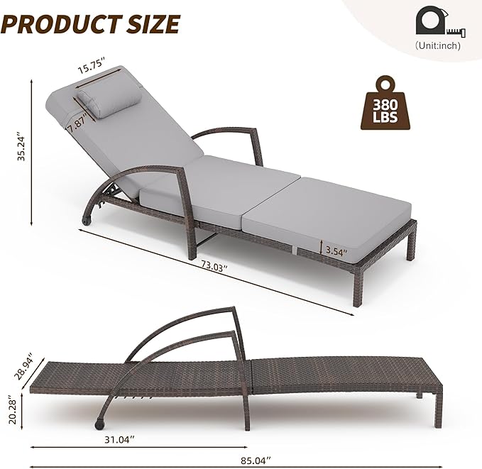 Garvee Chaise Lounge Outdoor Set of 2, PE Rattan Wicker Pool Lounge Chairs with 5-Level Adjustable Backrest - Photo 2