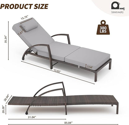Chaise Lounge Chairs Set of 2 for Outdoor, Adjustable 5 Position PE Rattan Wicker Patio Pool Lounge Chair with Arm, Cushion, Pillow and Wheels for Backyard, Poolside, Deck
