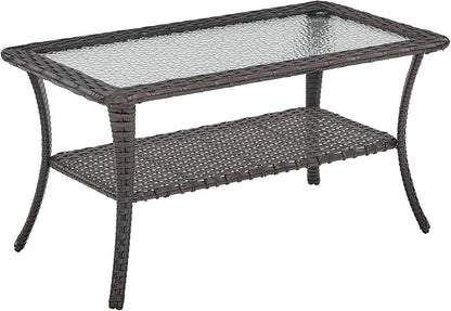 Rilyson Patio Tables Outdoor Coffee Table - Wicker Rattan Coffee Tables with 2-Tier Storage Shelf Glass Top for Outside Proch Deck Balcony Garden Rectangle Brown
