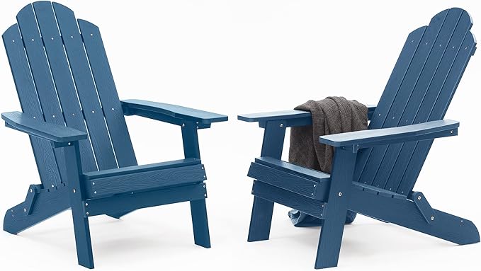 MXIMU Folding Adirondack Chair Set of 2 Weather Resistant Fire Pit Chairs Easy Assemble HIPS Plastic Outdoor Modern Adirondack Chairs for Patio, Lawn, Garden, Backyard, Deck(Navy)