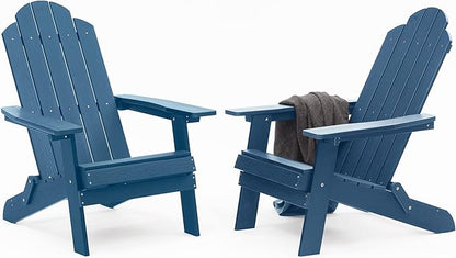 MXIMU Folding Adirondack Chair Set of 2 Weather Resistant Fire Pit Chairs Easy Assemble HIPS Plastic Outdoor Modern Adirondack Chairs for Patio, Lawn, Garden, Backyard, Deck(Navy)