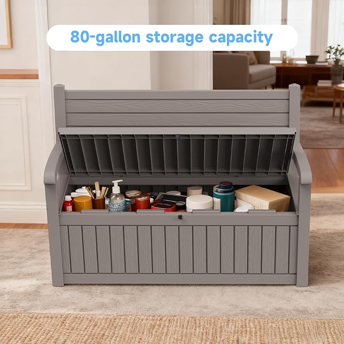 51.06" L x 24.17" W x 35.24" H Outdoor Storage Bench - 70 Gallon Weather-Resistant Resin Rattan-Look Seat (500 lbs Capacity) (Grey)