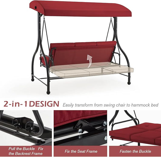 AECOJOY 3-Seat Outdoor Porch Swing with Adjustable Backrest and Canopy, Patio Swing w/Removable Cushions Outdoor Swing Bed for Porch, Backyard, Poolside, Burgundy
