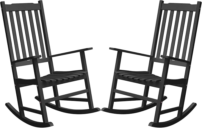 Greesum Outdoor Rocking Chairs Set of 2, Acacia High Back Oversized All-Weather Lounge Rocker with 320 lbs of Support for Patio, Garden, Deck, Porch,Black