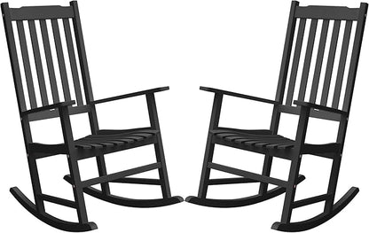 Greesum Outdoor Rocking Chairs Set of 2, Acacia High Back Oversized All-Weather Lounge Rocker with 320 lbs of Support for Patio, Garden, Deck, Porch,Black