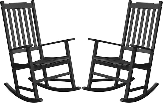 Greesum Outdoor Rocking Chairs Set of 2, Acacia High Back Oversized All-Weather Lounge Rocker with 320 lbs of Support for Patio, Garden, Deck, Porch,Black