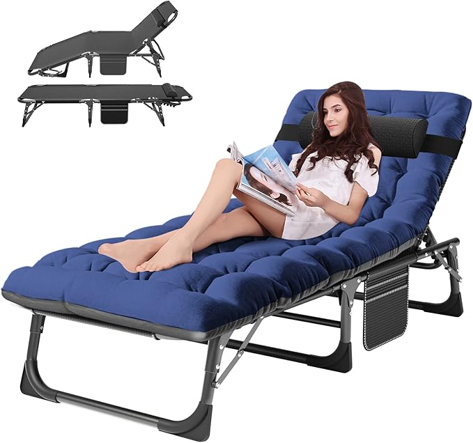 ABORON Heavy Duty Tanning Chair, 5-Gear Outdoor Folding Chaise Lounge Chair with Cushion,Portable Beach Lounge Chair for Outdoor Sunbathing Patio Pool Lawn Deck Poolside (Purplish Blue)