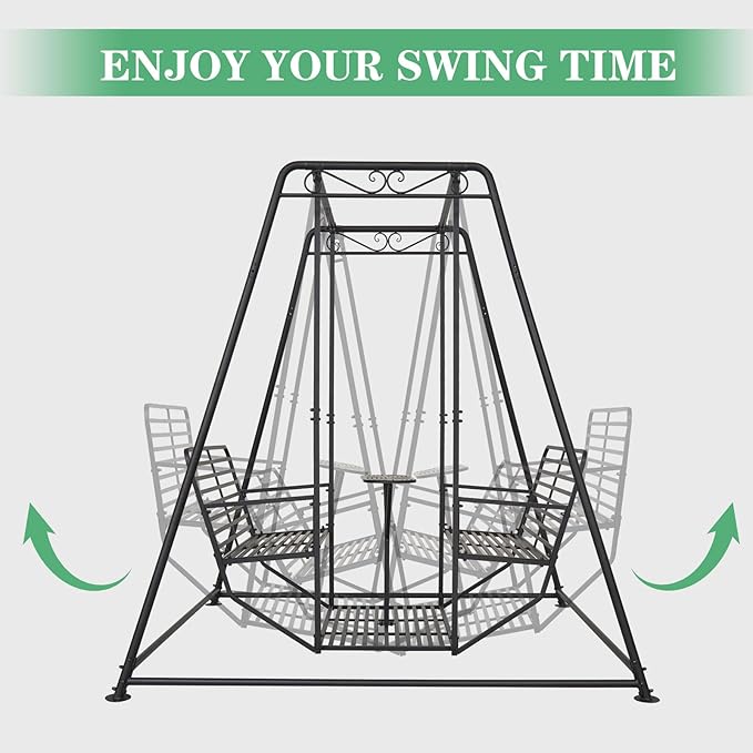 87”H Metal Swing Chair w/Table, Heavy Duty Outdoor Swing Bench with Stand, 4-Seat Swingsets for Patio Garden Yard, 880 LBS Weight Capacity, Easy Assembly, Black