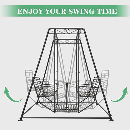 87”H Metal Swing Chair w/Table, Heavy Duty Outdoor Swing Bench with Stand, 4-Seat Swingsets for Patio Garden Yard, 880 LBS Weight Capacity, Easy Assembly, Black
