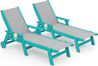 SERWALL Textilene Patio Chaise Lounge Chair Set of 2, 5 Positions Outdoor Lounger with Rolling Wheels for Pool, Deck, Aqua Blue
