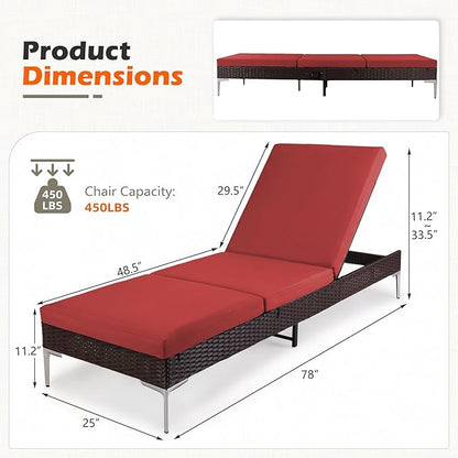 HOMREST Outdoor Chaise Lounge Chair, Patio Wicker Lounge Chair with Pneumatic Adjustable Backrest, Rattan Pool Sunbathing Chair Suitable for Outside with Removable Cushion (Burgundy)