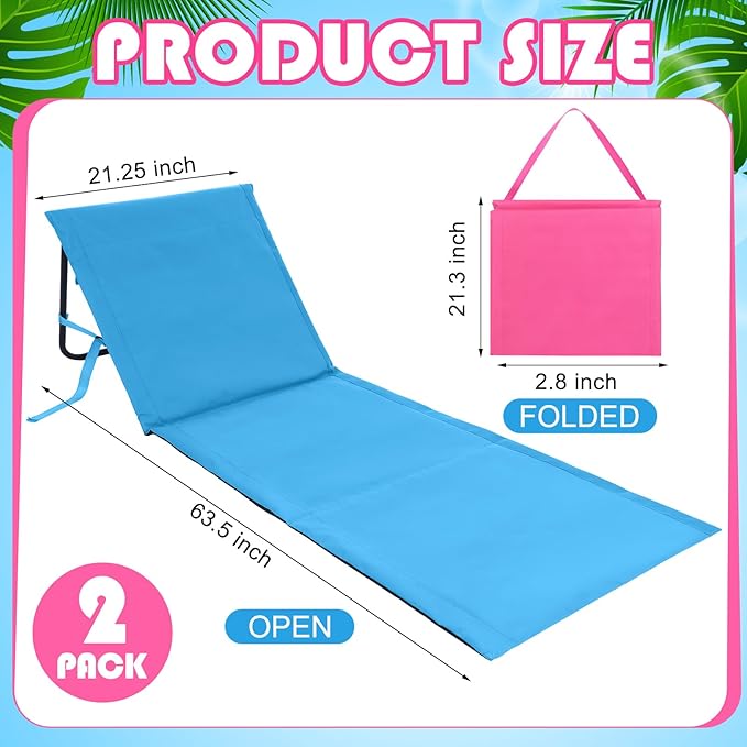 2 Pack Folding Beach Lounge Chair for Adults Couple Portable Sun Lounger Lightweight Tanning Mat with Storage Pocket Adjustable Position Lawn Chairs Patio Chaise Outdoor Sunbathing Camping