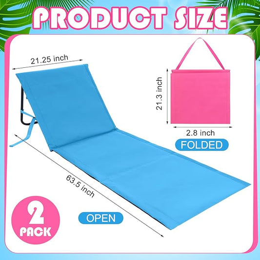 2 Pack Folding Beach Lounge Chair for Adults Couple Portable Sun Lounger Lightweight Tanning Mat with Storage Pocket Adjustable Position Lawn Chairs Patio Chaise Outdoor Sunbathing Camping