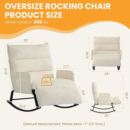 Oversized Rocking Chair with Adjustable Backrest and Footrest, Outdoor Reading Chair - Chaise Lounge Chair Indoor, Comfy Corduroy Rocking Chair for Patio, Porch, Balcony, Living Room